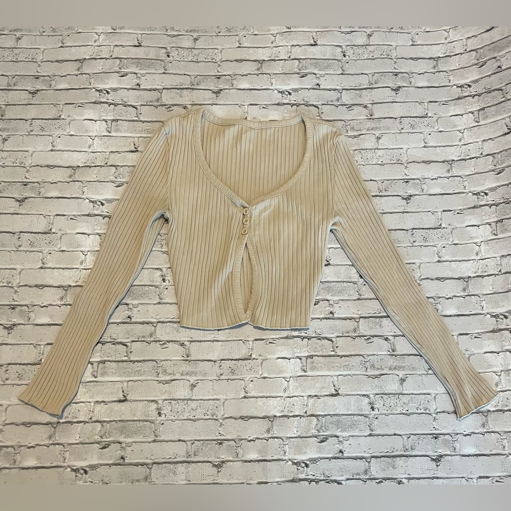 SHEIN Ribbed Beige Long Sleeve Crop Top Size Medium